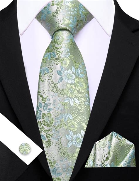 Barry Wang Sage Green Floral Ties for Men Wedding Party Necktie Set
