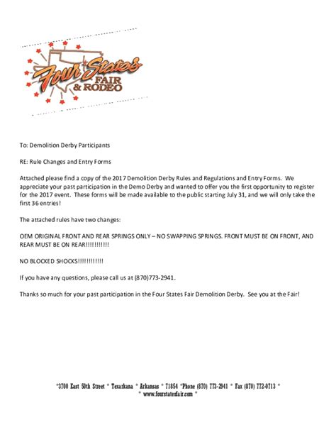 Fillable Online Demolition Derby Rules and Regulations and Entry Forms ...