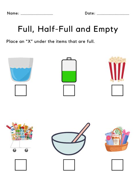 Printable Full, Half-Full and Empty worksheets for kindergarten | Made ...