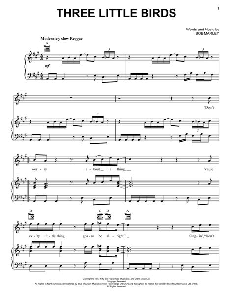Three Little Birds by Bob Marley Sheet Music for Piano, Vocal & Guitar ...