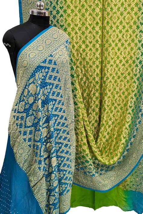 Get 20% Off on Blue & Green Banarasi Bandhani Pure Georgette Saree