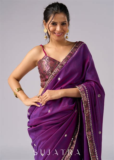 Stunning violet cotton two tone saree with hand embroidery and Banaras ...