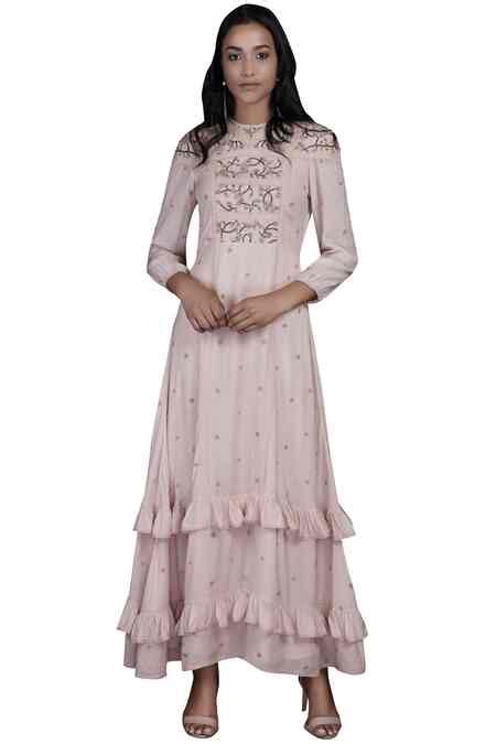 Buy Pink Cotton Round Embroidered Tiered Dress For Women by SHASHA GABA ...