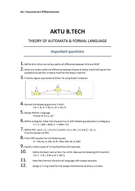 AKTU B.TECH THEORY OF AUTOMATA FORMAL LANGUAGE Important Topics Notes ...