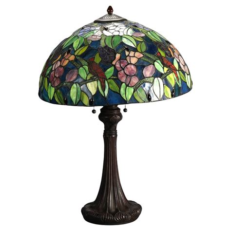 Tiffany Style Bronze and Leaded Stained Glass Blue Eye Dragonfly Table ...