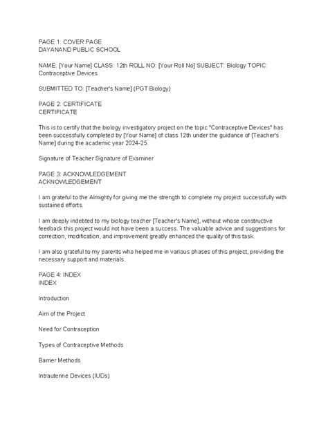 Biology Project on Contraceptive Devices for Class 12 - Studocu