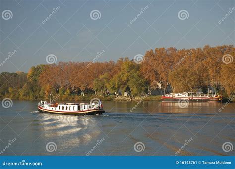 Barges on Rhone River, France Stock Image - Image of orange, riverboat ...