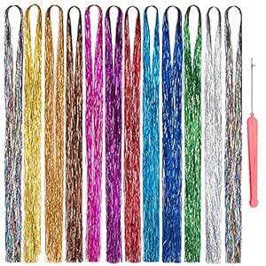 12 Colors Hair Tinsel 44 Inches Fairy Hair Tinsel Kit Sparkling Dazzle ...