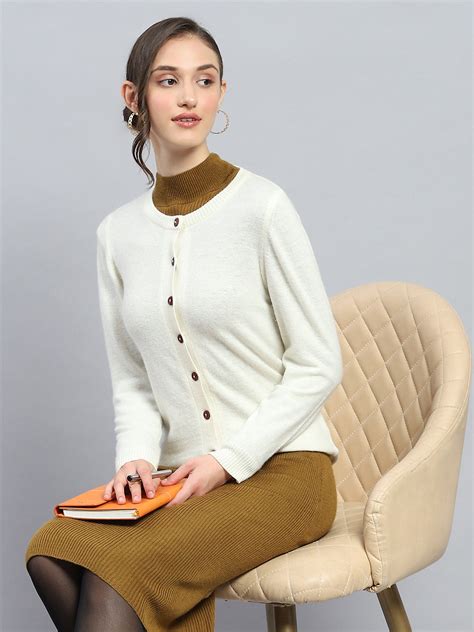 Buy Women Off White Solid Round Neck Full Sleeve Cardigan Online in ...