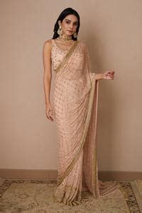 Buy Pink Net Embroidered Nakshi Scoop Neck Checkered Saree With Blouse ...