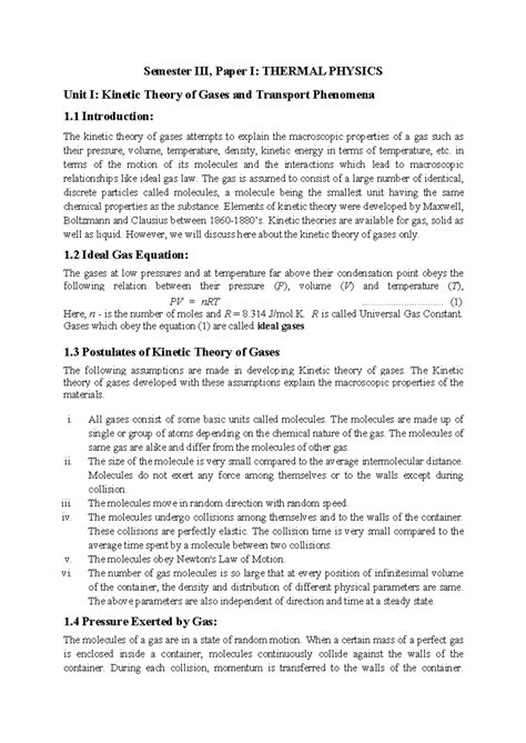 Semester Paper I: THERMAL PHYSICS - Kinetic Theory of Gases - Studocu