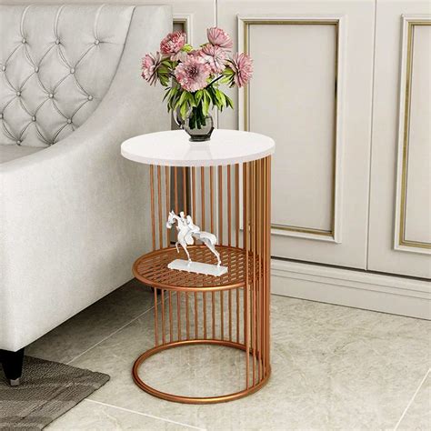 Designer Art Copper Half Caged White with Marble Coffee Round Side Tab ...