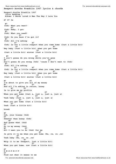 Respect-Aretha Franklin 1967 lyrics & chords - Traditional Music ...