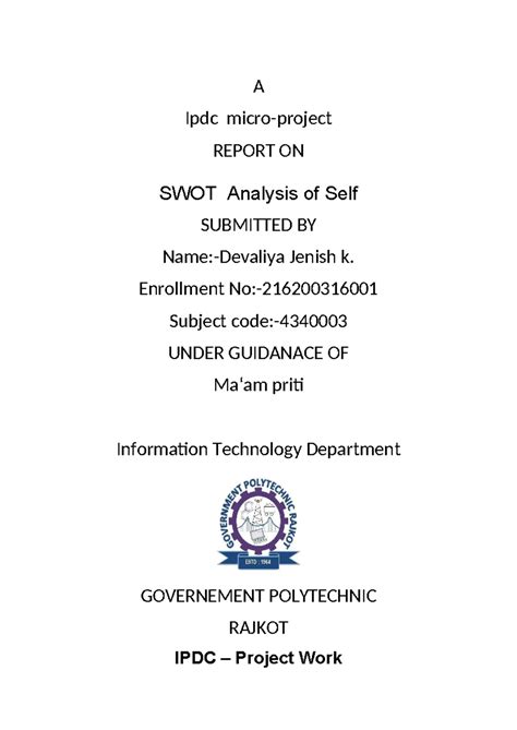 SWOT Analysis Report on Self for IPDC Micro-Project - Studocu
