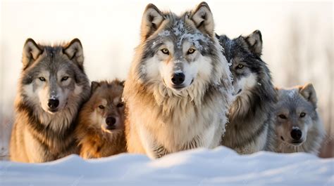 Premium Photo | A pack of wolves are lined up in the snow.