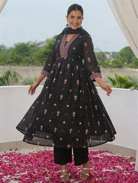 Buy Chanderi Geometric Anarkali Black Kurta, Trousers & Dupatta TP5006T ...