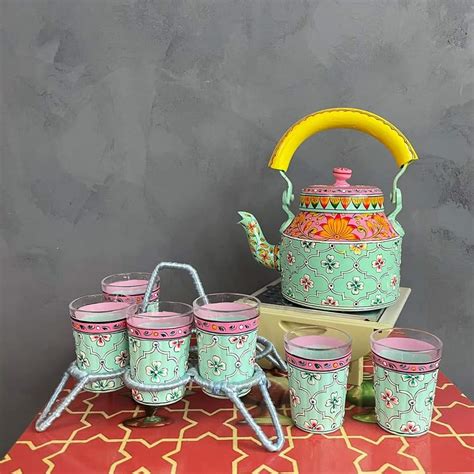 Artistic Delight: Hand Painted Indian Tea Kettle Set with 6 Glasses ...