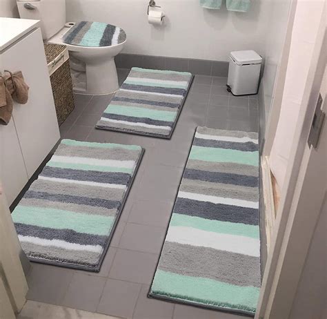 Ileading 4pc Stripe Microfiber Bathroom Rugs, Shag Bath Contour Mat Set ...