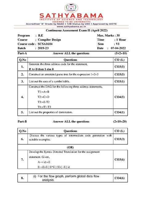 Compiler Design CAE2 Question Paper - Continuous Assessment Exam II ...