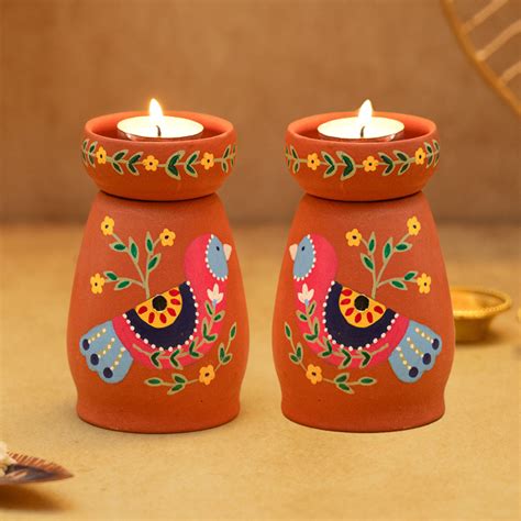 Buy Handpainted Terracotta Mirror-work Chidiya Tealight Holder | Set of ...