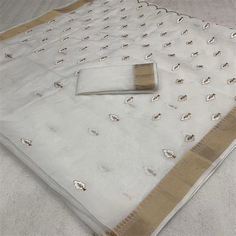 White Floral Embroidered Cotton Silk Saree Woven Border