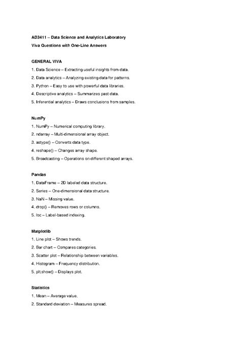 AD3411 Data Science & Analytics Lab: Viva Q&A Summary - Studocu