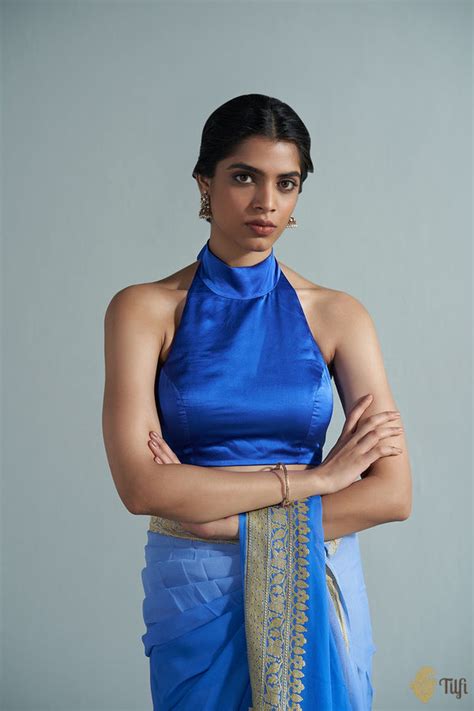 Royal Blue Halter Satin Silk Blouse - Tilfi