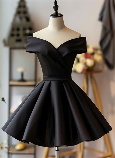 Black Satin Off Shoulder Knee Length Homecoming Dress, Black Party Dre ...