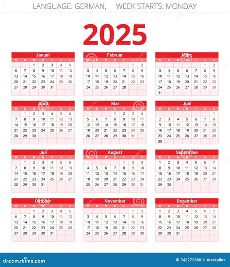 2025 Year German Calendar. Printable Vector Illustration for Germany ...