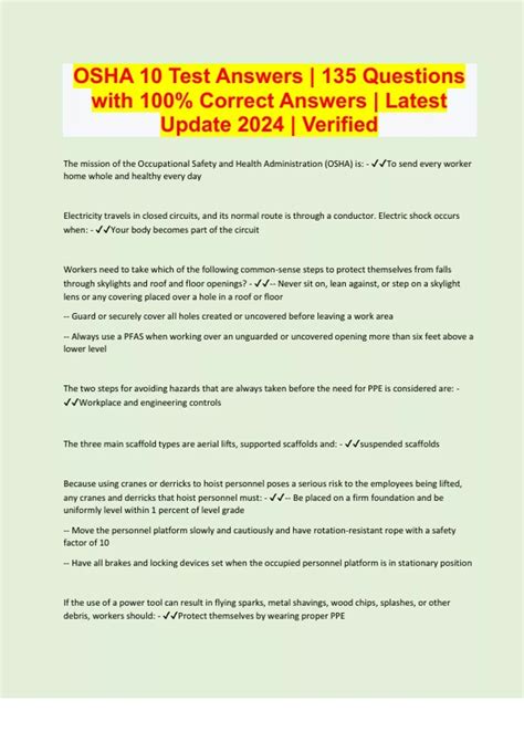 OSHA 10 Test Answers | 135 Questions with 100% Correct Answers | Latest ...