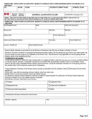 FORM # 9RC -EDUCATION ALLOWANCE ROMAN CATHOLIC EDUCATION KINDERGARTEN ...