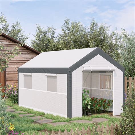 Outsunny 12'x7' Walk-In Greenhouse with Roll-Up Windows, Zippered Door, Weather Cover, White ...