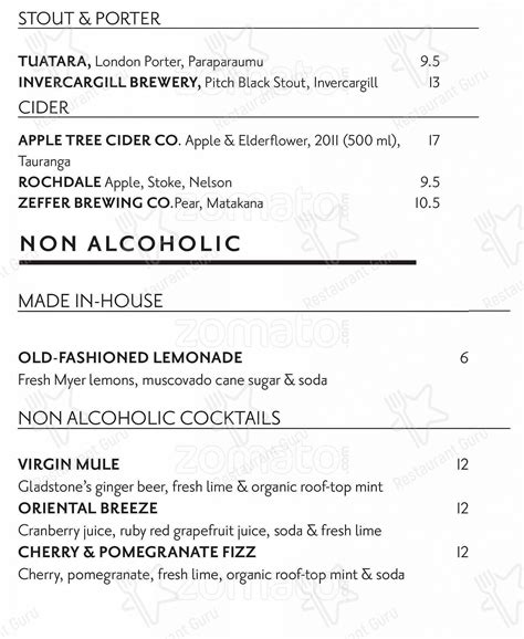 Menu at The White House Restaurant, Wellington