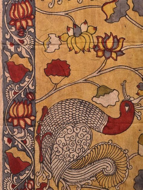 Yellow Kalamkari Hand Painted Silk Handloom Saree with Peacocks and Lo ...