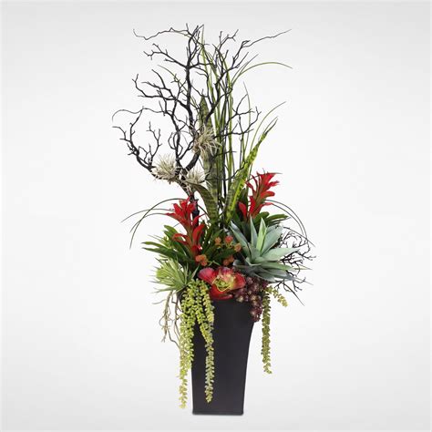 Contemporary Silk Flower Arrangement in Tall Metal (Grey) Container ...