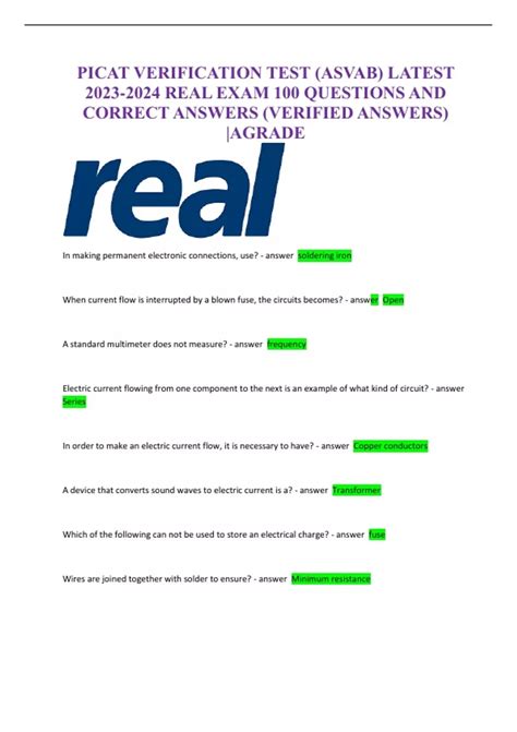 PICAT VERIFICATION TEST (ASVAB) LATEST REAL EXAM 100 QUESTIONS AND ...