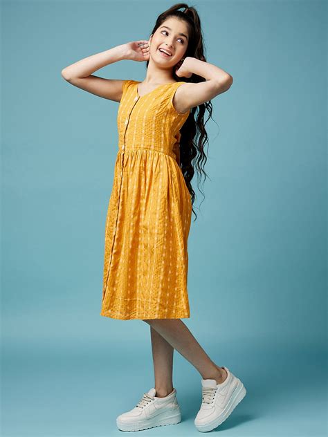 Shop Girls Printed Cotton A-Line Midi Dress (IW-MUSTARDDOBBY) Online