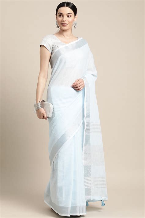 Light Sky Blue Linen Saree Adorned With Silver Zari Weaving Border & P