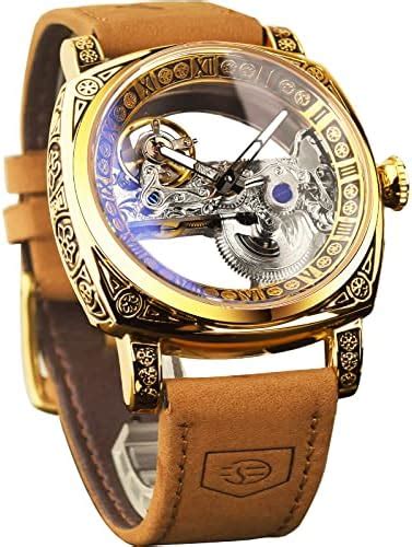 IK COLOURING Men's Genuine Leather Lightweight Luxury Mechanical Wooden ...