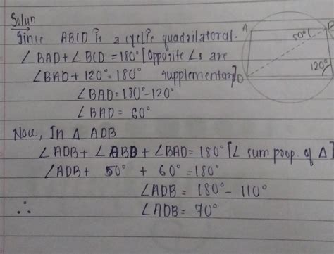 abcd are cyclic quadrilateral if bcd=120,abd=50,find angle adb.please ...