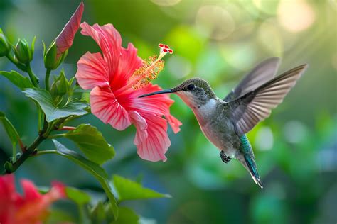Rubythroated Hummingbird Sipping Nectar from a Red Hibiscus Flower with ...