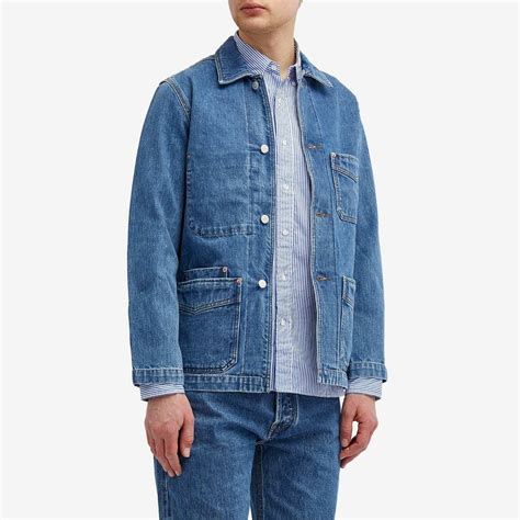 Drake's Men's Selvedge Denim Chore Jacket in Bleach Wash Drake's