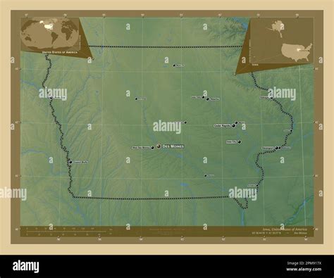 Iowa, state of United States of America. Colored elevation map with lakes and rivers. Locations ...