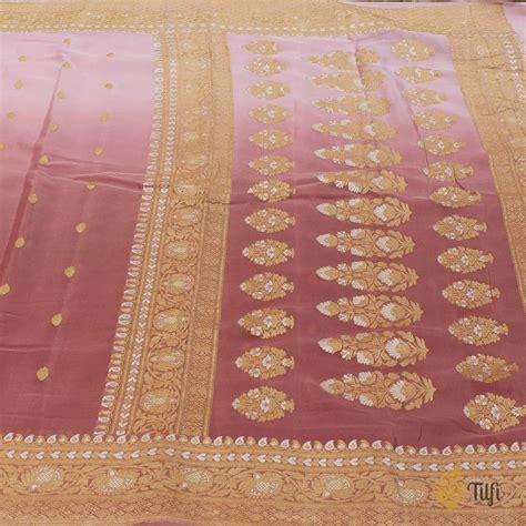 Baby Pink-Rosy Brown Ombr√© Pure Georgette Banarasi Handloom Saree - Tilfi