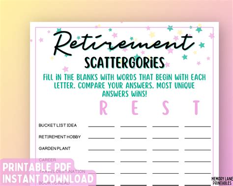 Retirement party game retirement scattergories game fun printable ...