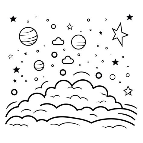 A black and white drawing of a cloud with stars and planets generative ...
