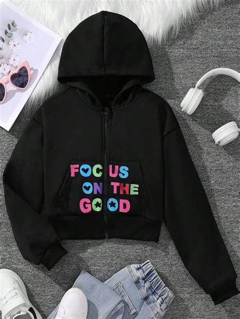 SHEIN Tween Girl Slogan Graphic Zip Up Crop Hoodie | SHEIN USA