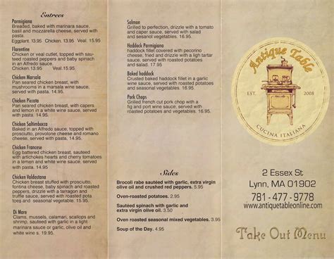 Menu at Antique Table Restaurant, Lynn, 2 Essex St