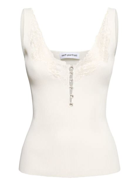 Lace trim rib knit viscose blend top - Self-portrait - Women | Luisaviaroma
