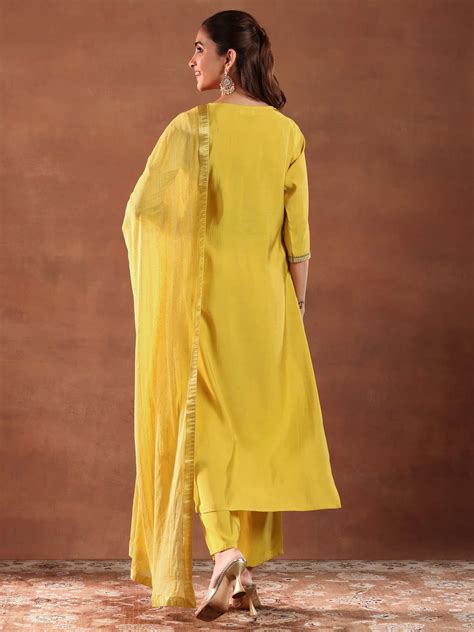 Buy Yellow Yoke Design Silk Blend Straight Suit With Dupatta Online at ...